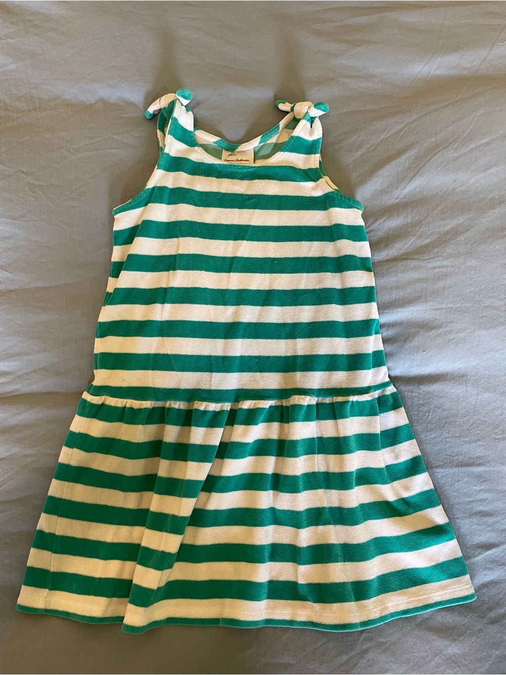 Hanna Andersson Green and White Striped Tie-Shoulder Terry Dress